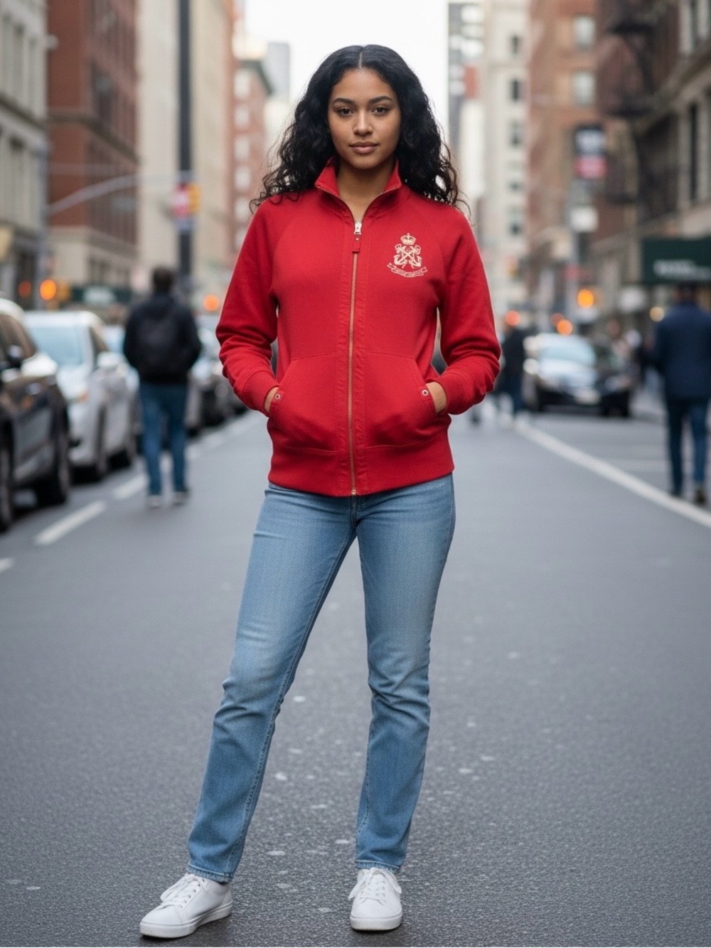 Lauren Jeans Company Cotton Blend Full Zip Jacket Red Embroidered Crest Logo XL